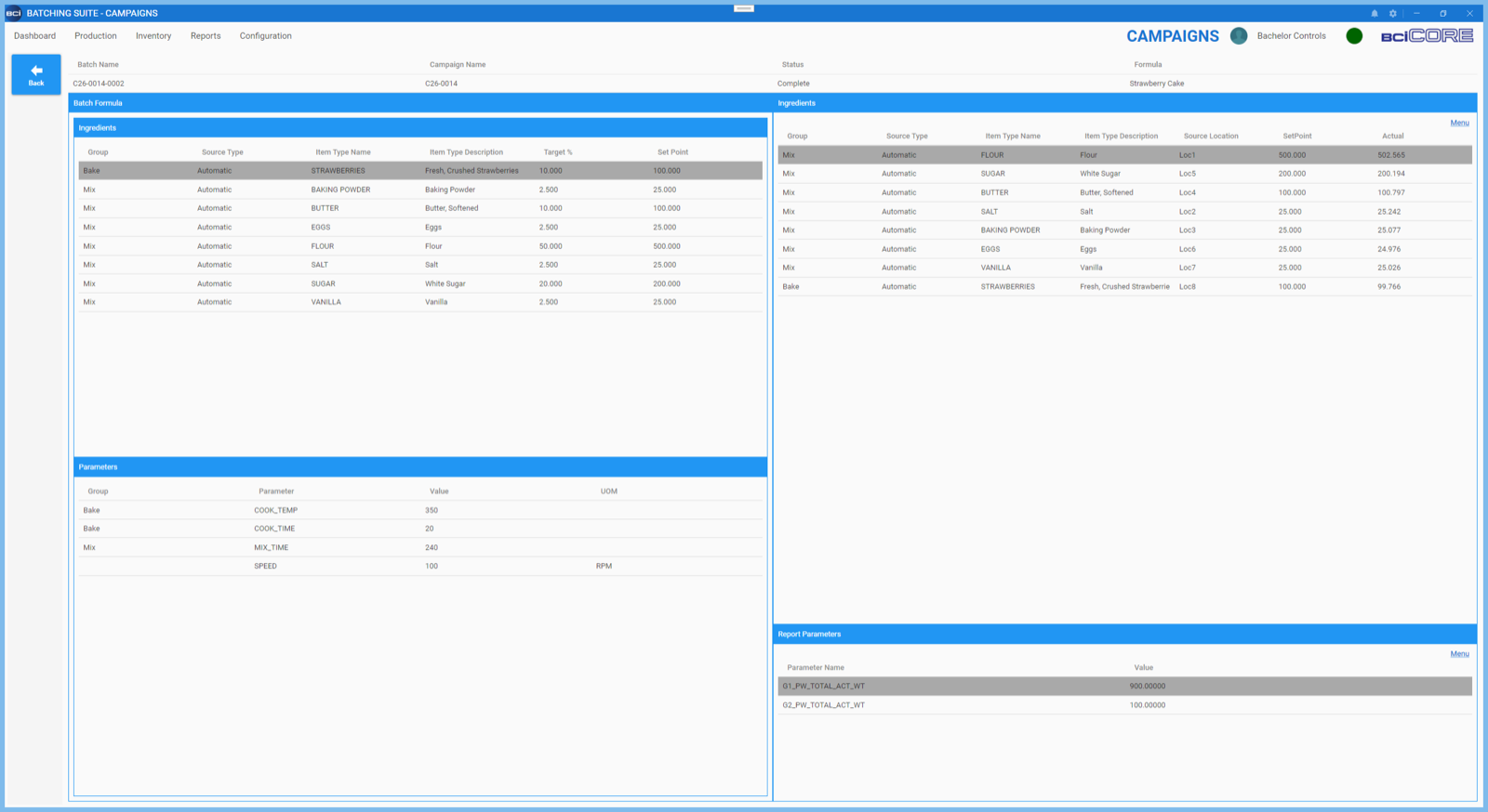A BCI CORE batch record, showing ingredients with target and actual weights alongside process parameters