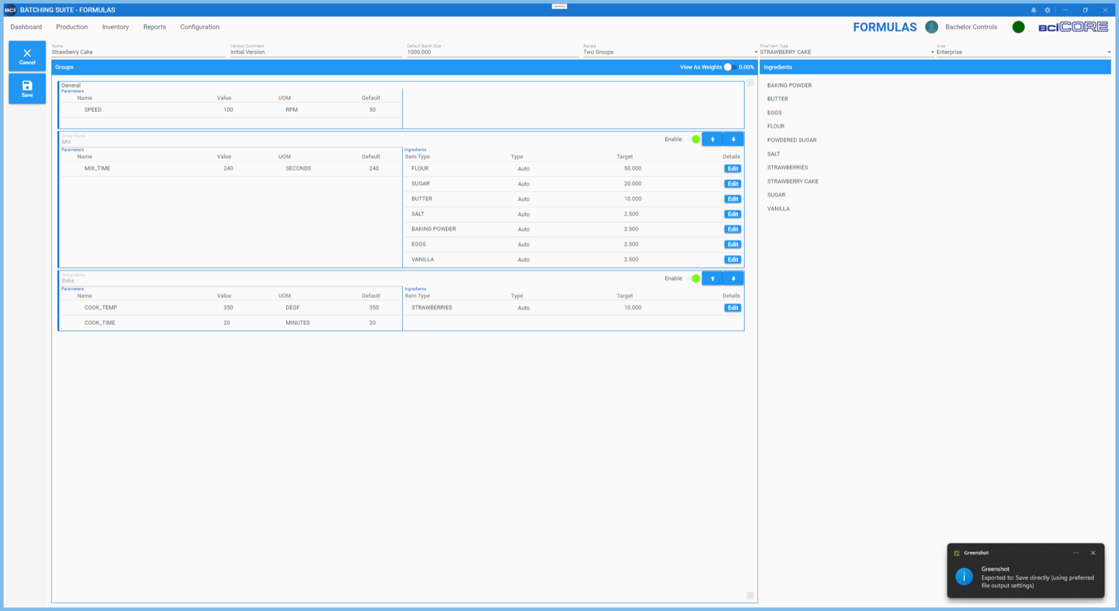 The BCI CORE formulas screen, showing an ingredient list with groups, targets and set points