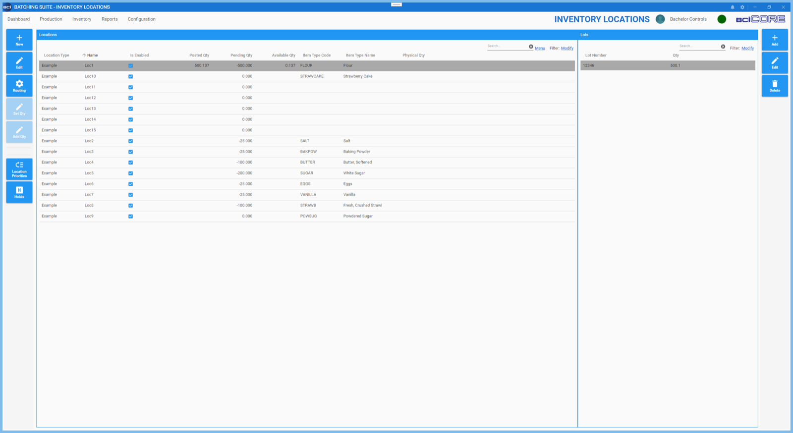 The BCI CORE inventory locations screen, listing storage locations and the lots held in each