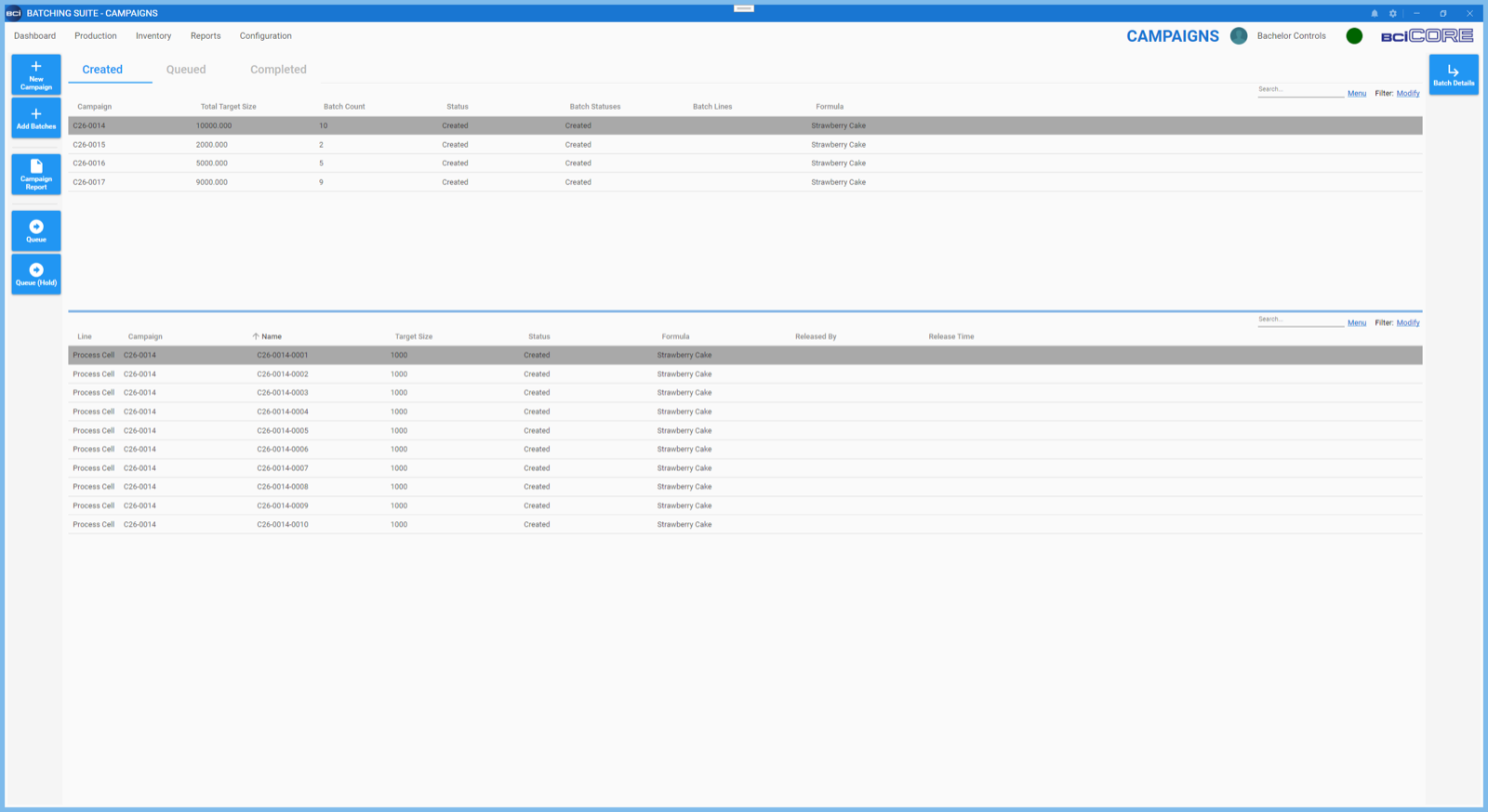 The BCI CORE campaigns screen, showing created, queued and completed batch campaigns