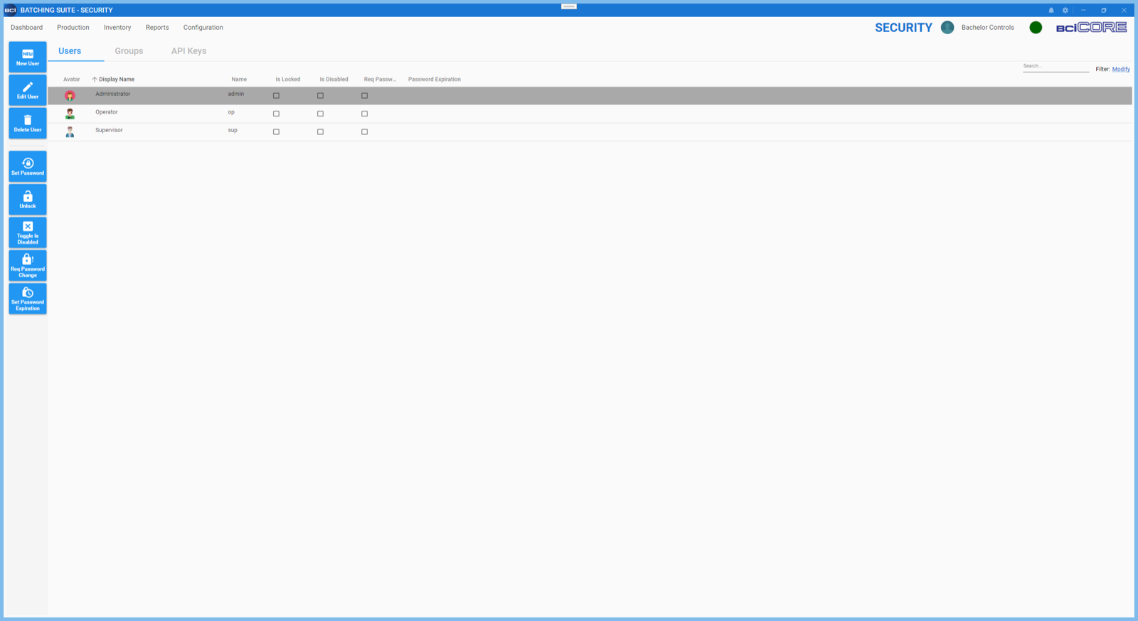 The BCI CORE security screen, showing roles and their assigned permissions